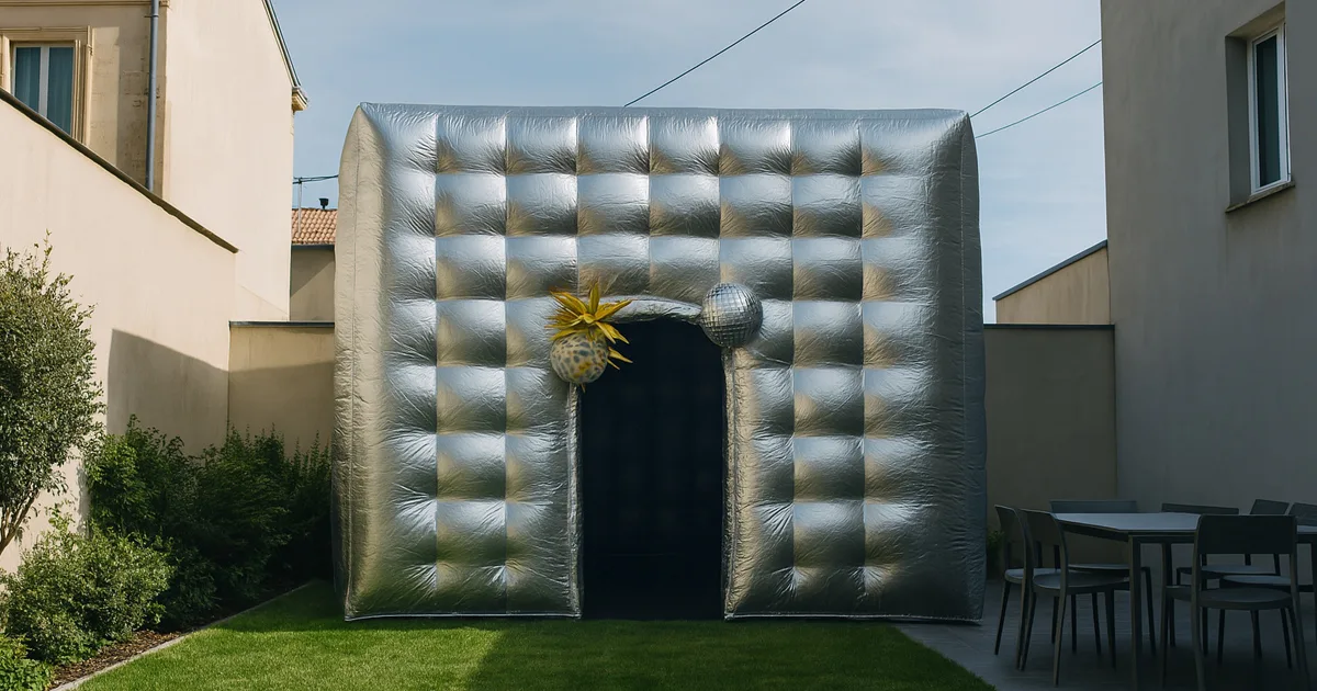 Une petite boite de nuit gonflable dans un espace extérieur de taille réduite, avec terrasse et gazon, en ville.