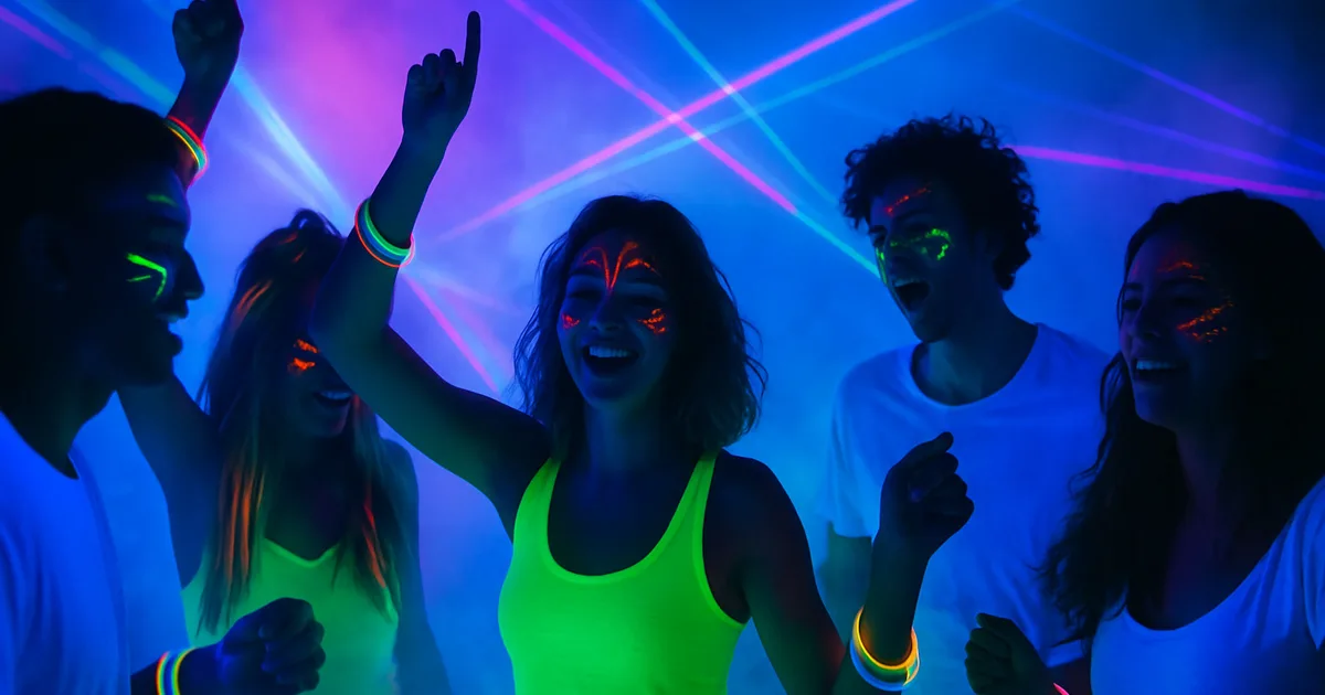 Un soirée glow party avec des personnes aux maquillages fluo qui dansent dans une boite de nuit gonflable PopUp Club