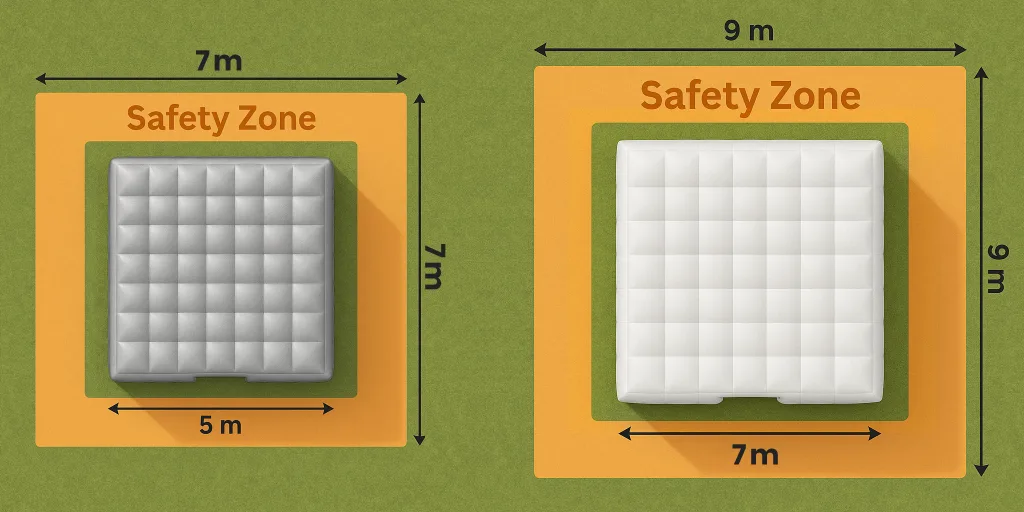Plan vu du dessus des dimensions de nos deux formats de boîtes de nuit gonflable avec les marges pour une installation en toute sécurité.